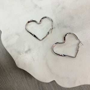 Twisted Heart Hoop Earrings (Silver)